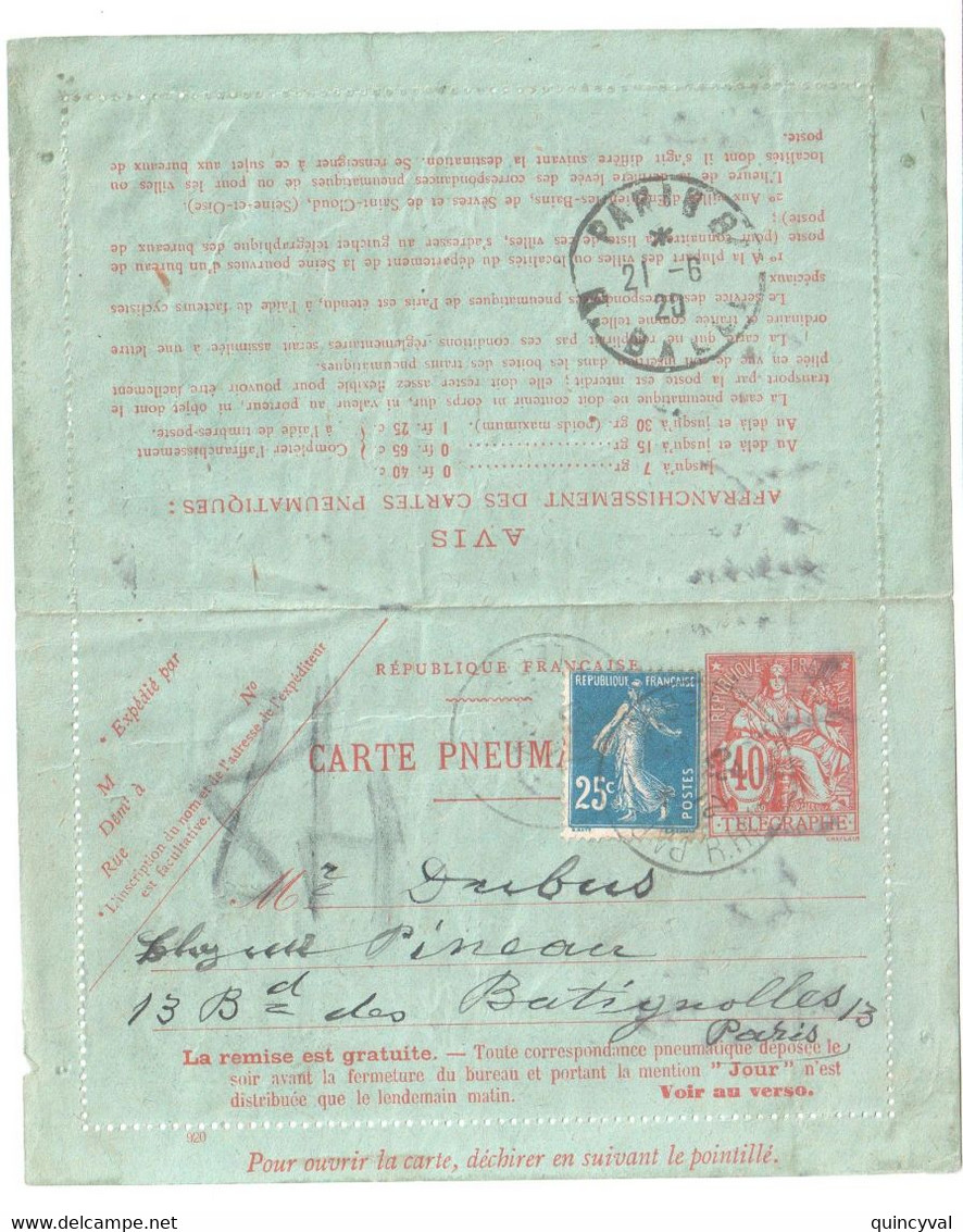 PARIS 9 R Hippolyte Lebas Pneumatique Entier Carte Lettre 40c Chaplain Mill 920 25c Semeuse Bleu Yv 140 2598-CP1 Ob 1920 - Pneumatiques
