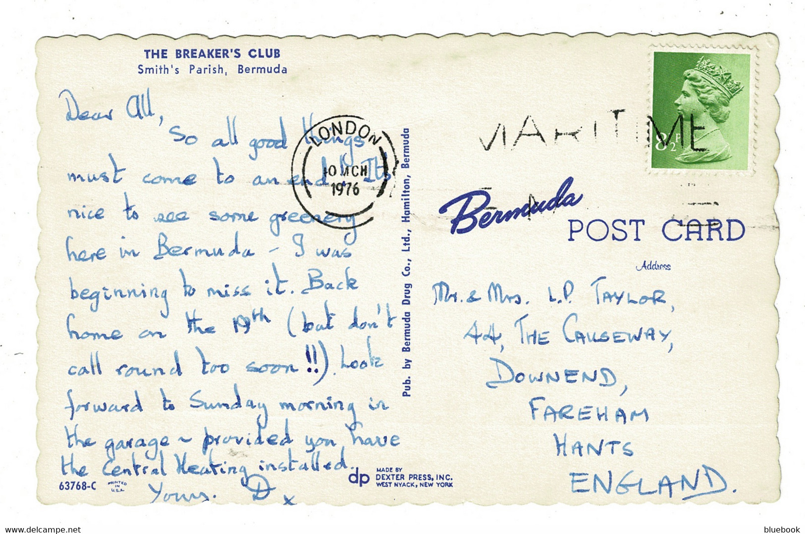 Ref 1414 - 1976 London Maritime Mail Postcard - The Breaker's Club Smith's Parish Bermuda - Bermuda