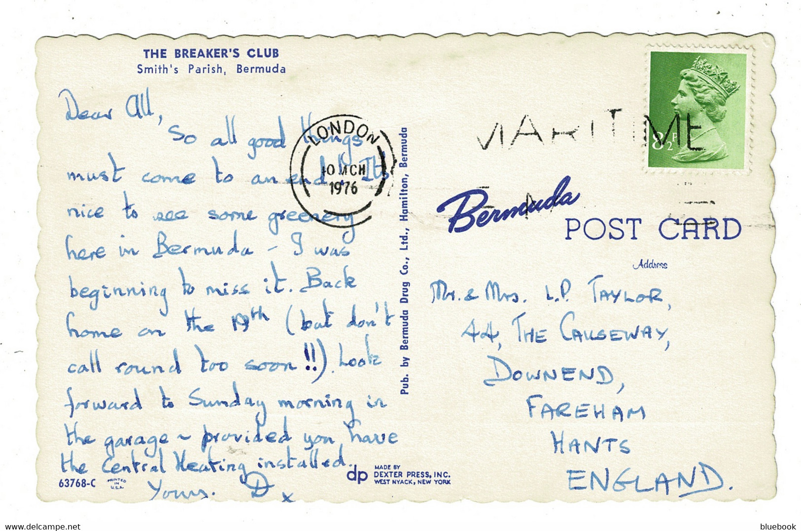 Ref 1414 - 1976 London Maritime Mail Postcard - The Breaker's Club Smith's Parish Bermuda - Bermudes