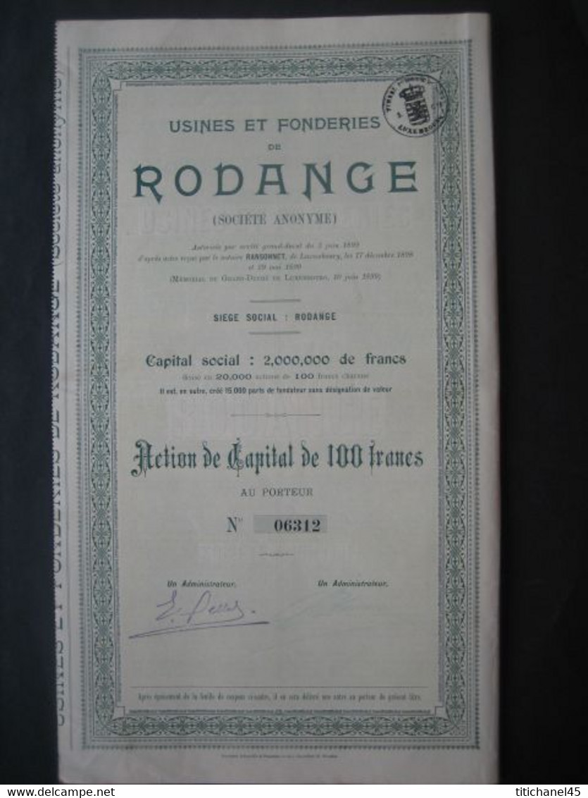 LUXEMBOURG - RODANGE 1899 - USINES ET FONDERIES DE RODANGE - ACTION DE CAPITAL DE 100 FRANCS - Industrie