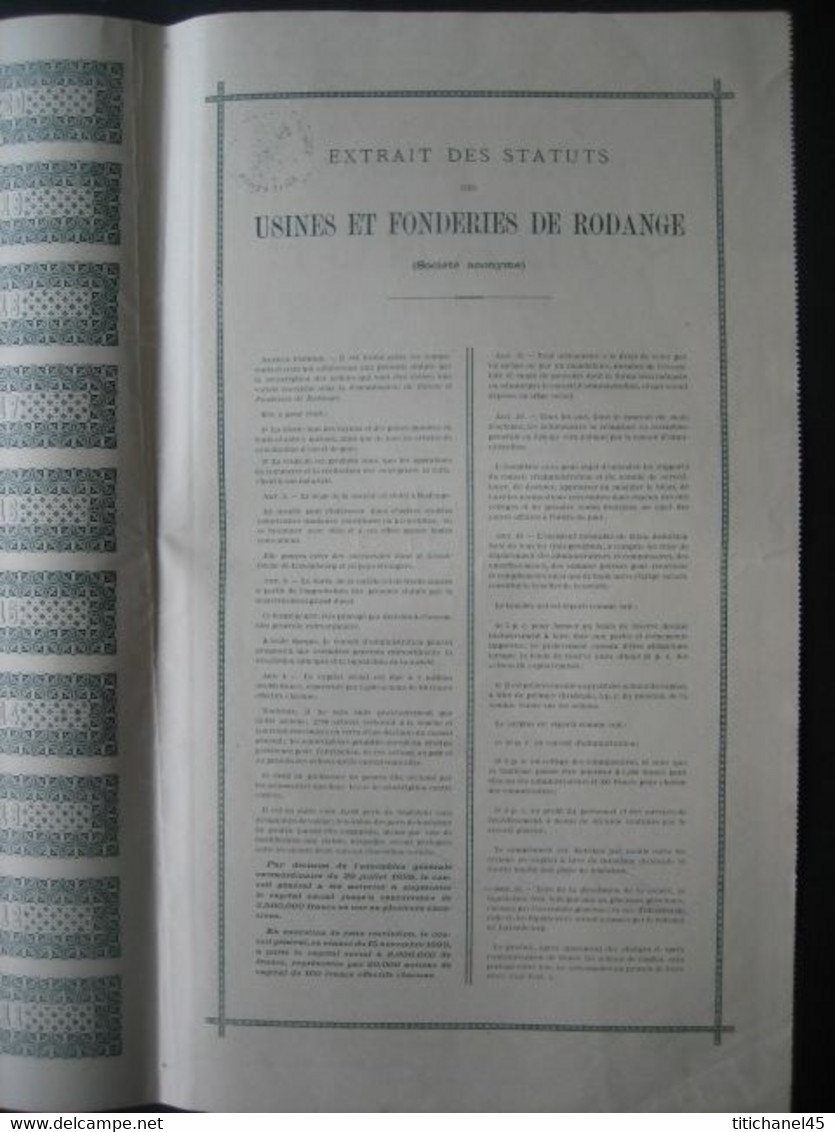 LUXEMBOURG - RODANGE 1899 - USINES ET FONDERIES DE RODANGE - ACTION DE CAPITAL DE 100 FRANCS - Industrie