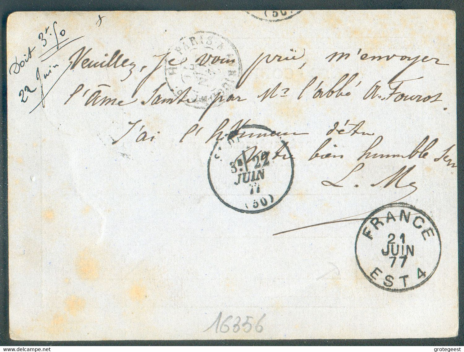 E.P. Carte 10c. Vert Sur Bleu, Obl; Sc LIEGE 21 Juin 1877 Vers Saint-Dizier (FR.) - Verso : Sc FRANCE EST 4 - 16356 - Postcards 1871-1909