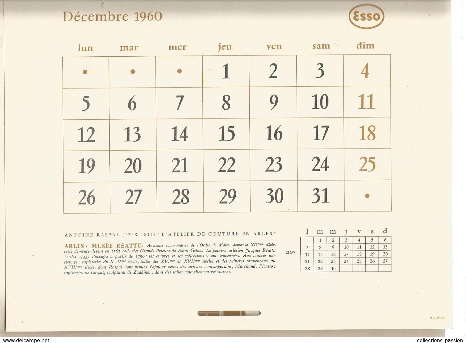 Calendrier , Grand Format 1960 , Publicité ESSO , Scénes Et Métiers De France,  5 Scans, Frais Fr 3.85e - Grand Format : 1941-60