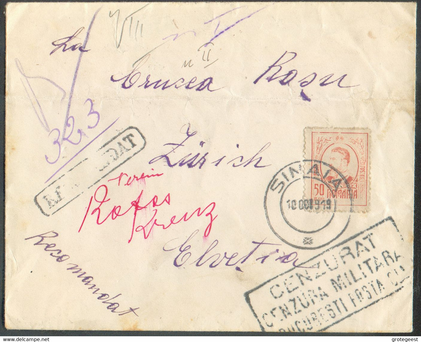 50bani Orange Obl; Dc SINAIA Sur Lettre Recommandée (registered = RACOMANDAT) Du 10 Octobre 1919 Vers Zürich (CH) + Grif - Storia Postale