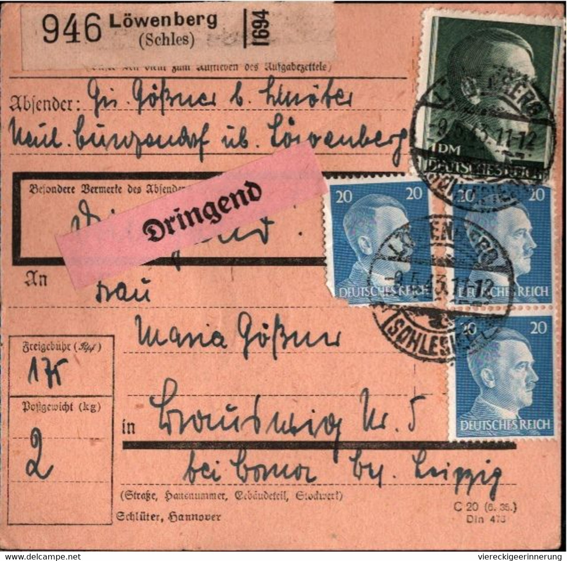 ! 1943 Löwenberg In Schlesien Nach Dittmannsdorf über Borna, Paketkarte, Deutsches Reich, 3. Reich - Covers & Documents