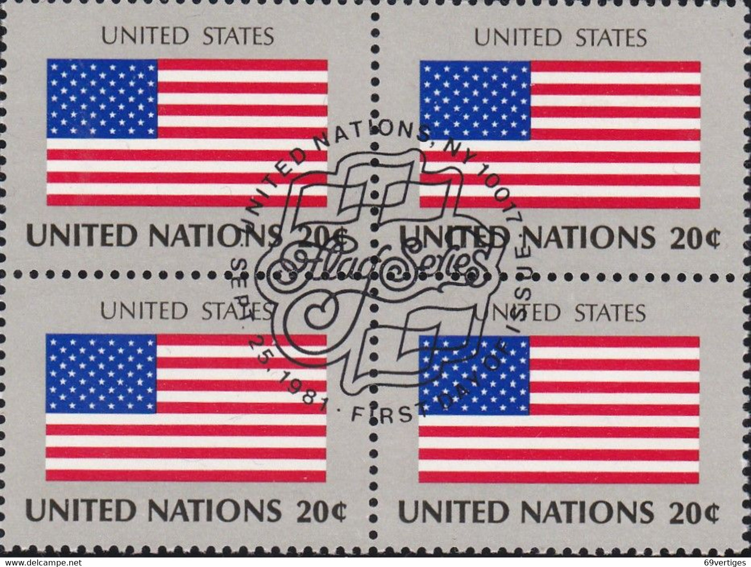 NATIONS UNIES, UNITED STATES, Drapeau, Bloc De 4, 1er Jour, 25 Sept 1981 - Altri & Non Classificati