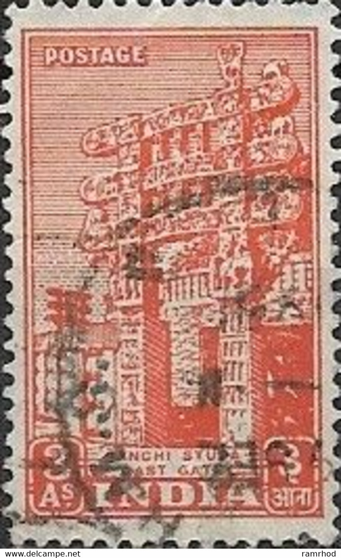 INDIA 1949 Sanchi Stupa, East Gate - 3a - Orange FU - Used Stamps
