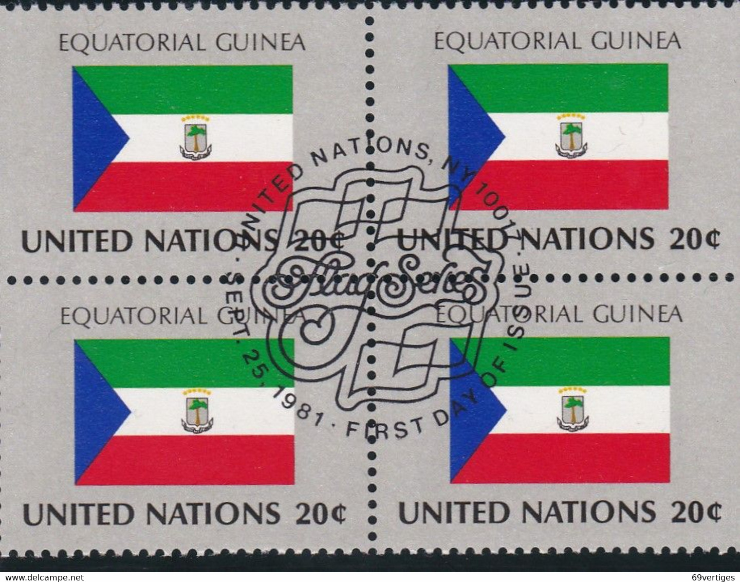 NATIONS UNIES, EQUATORIAL GUINEA, Drapeau, Bloc De 4, 1er Jour, 25 Sept 1981 - Altri & Non Classificati