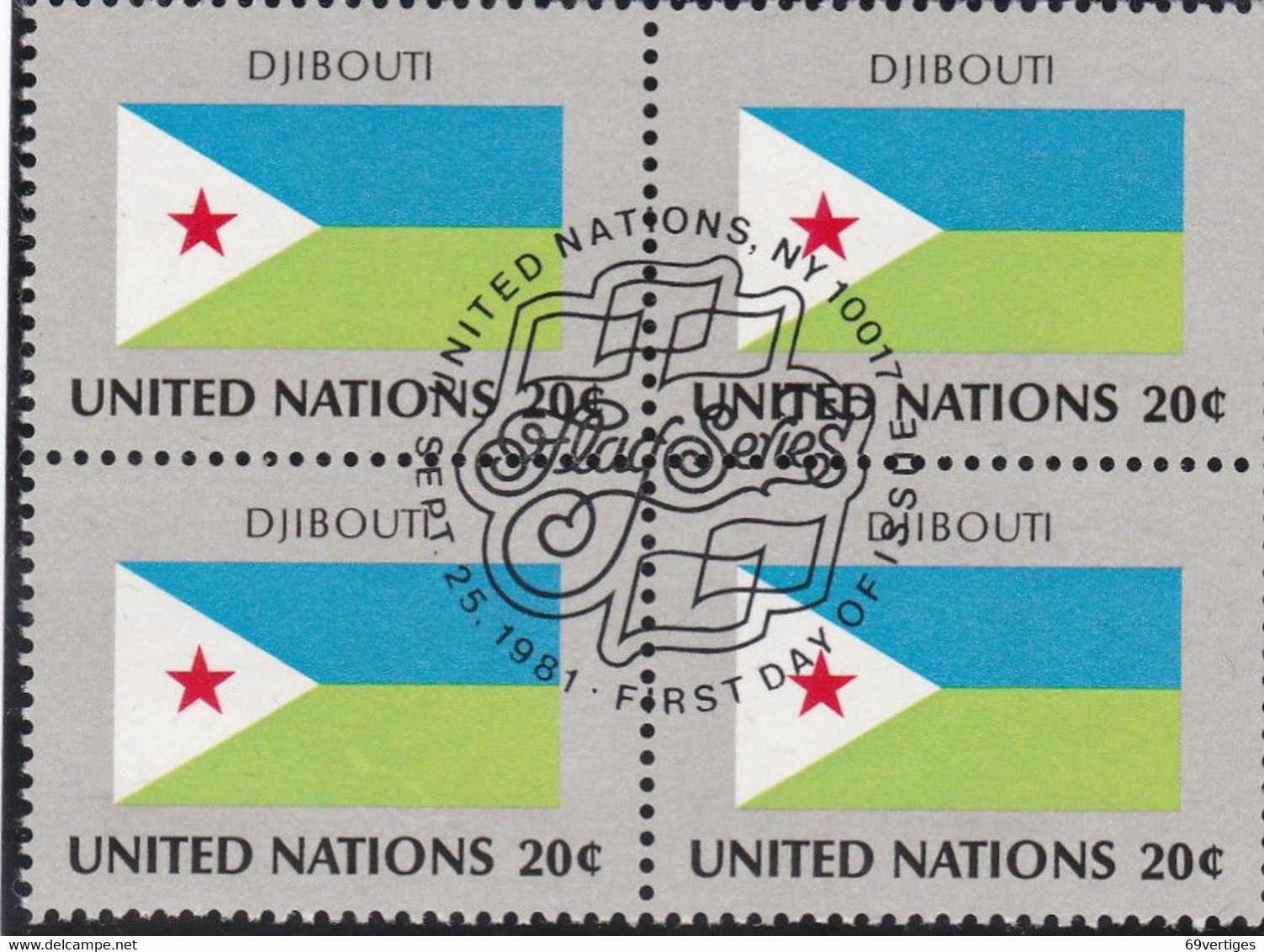 NATIONS UNIES, DJIBOUTI, Drapeau, Bloc De 4, 1er Jour, 25 Sept 1981 - Altri & Non Classificati