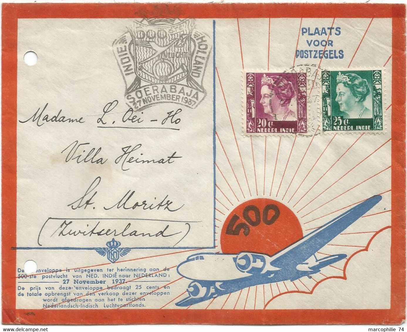 INDIE NEDERL 20C+25C LETTRE COVER 500 AVION SOERABAJA 1937 TO SUISSE INDIE HOLLAND - India Holandeses