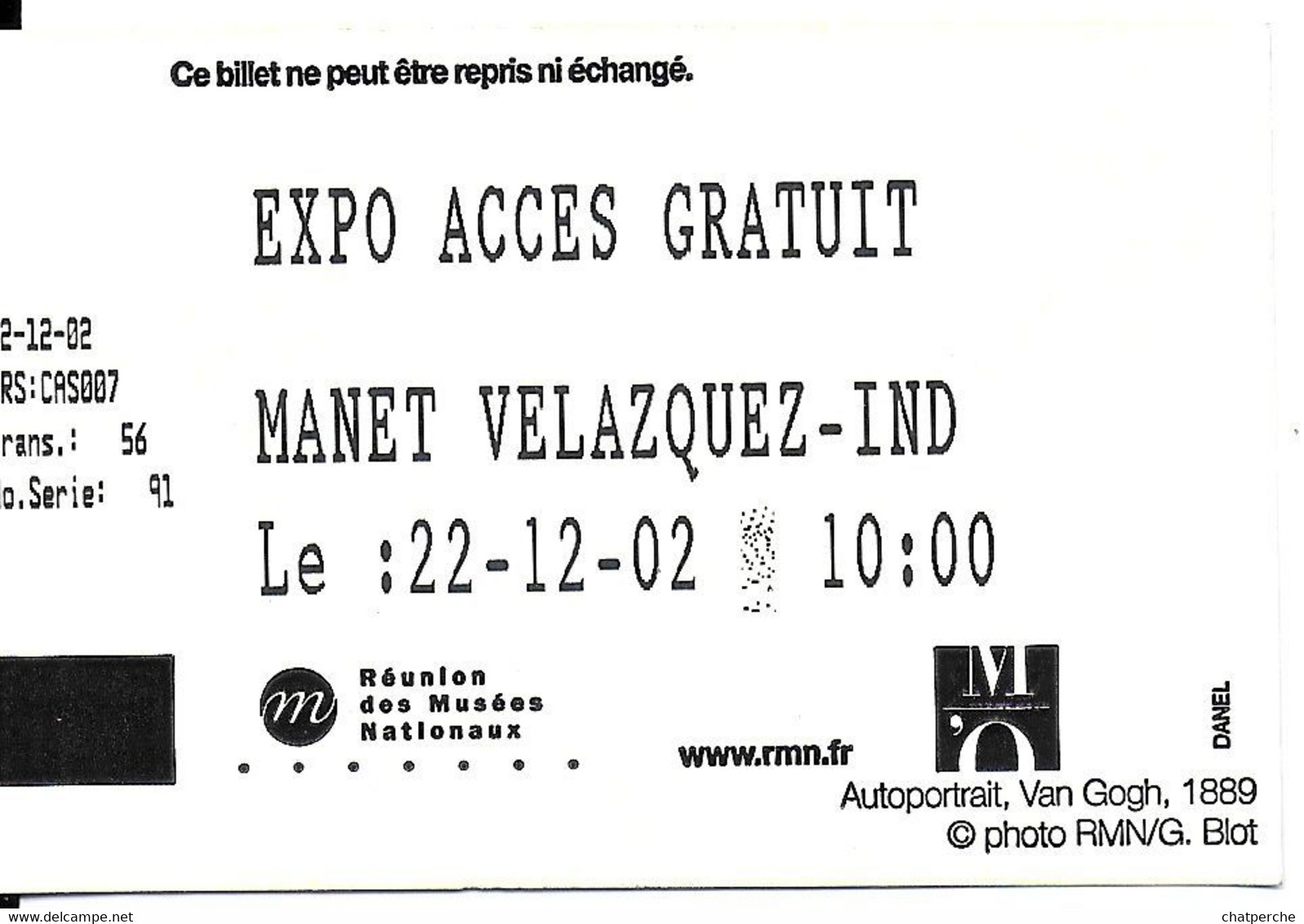 TICKET ENTRÉE BILLET MUSÉE D'ORSAY PARIS EXPOSITION MANET VELÁZQUEZ 2002 AUTOPORTRAIT VAN-GOGH 1889 - Tickets - Entradas