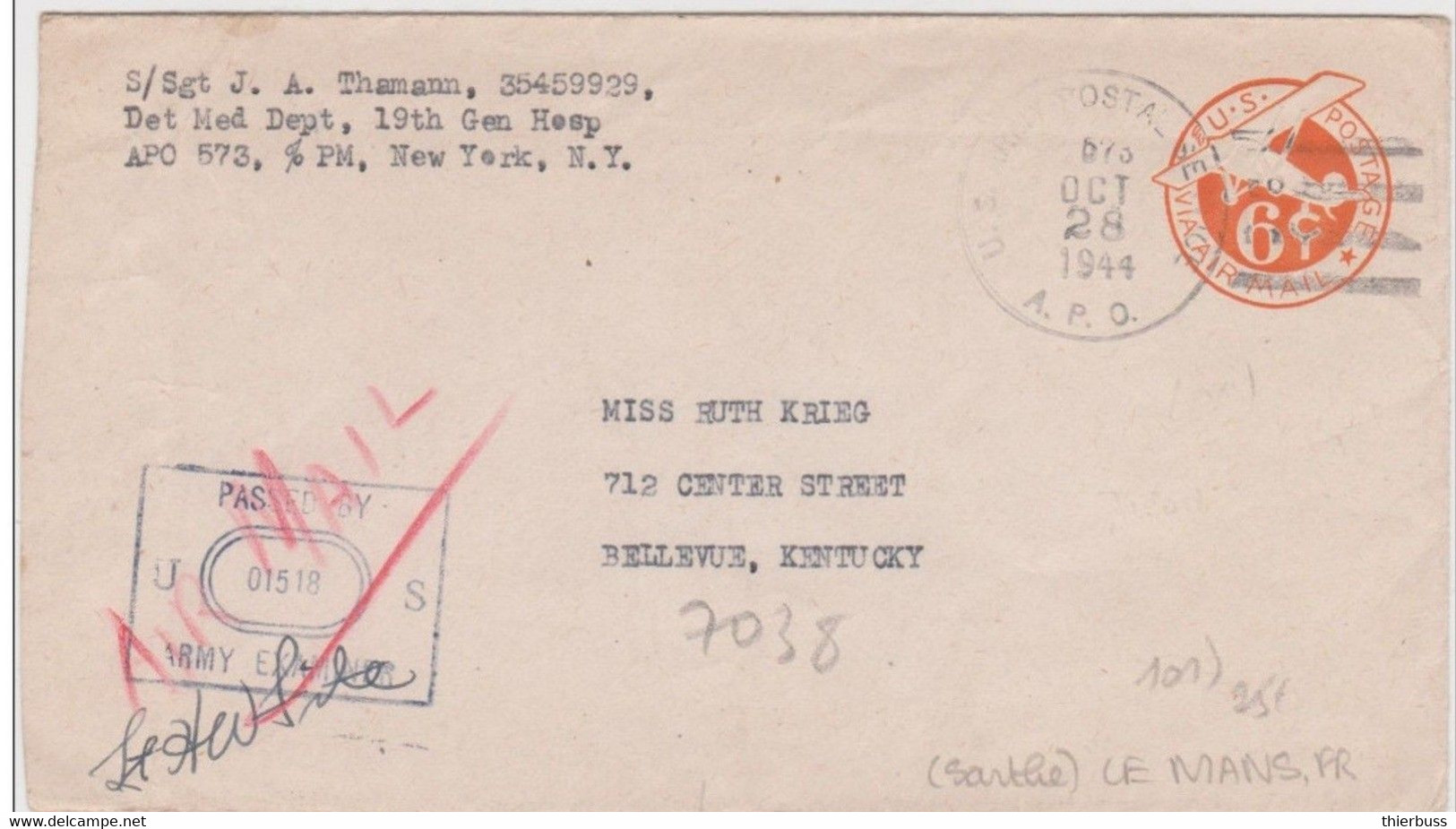 1944 War Departement Us Army Postal Service De  Le Mans Sarthe France Via Air Mail - 1941-60