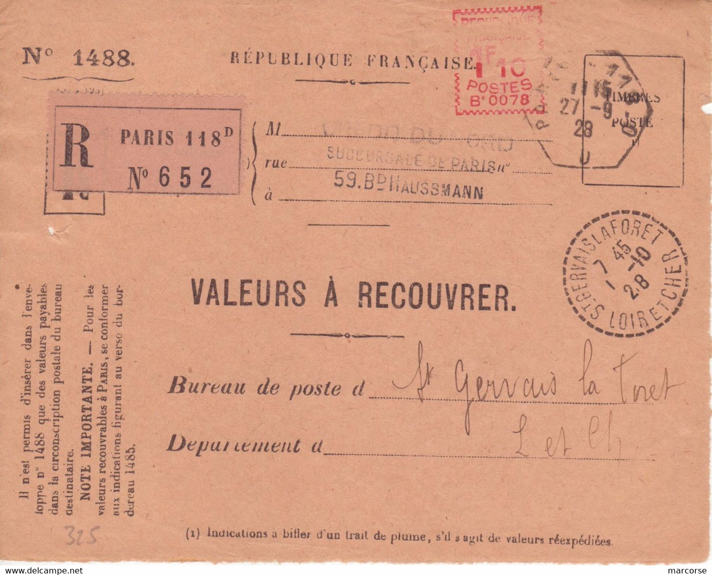 Devant Enveloppe VAR EMA HAVAS 1f10 Estampille Seule PARIS 118 D étiquette Recommandé Spécifique RAU + Cachet Hexagonal - Briefe U. Dokumente