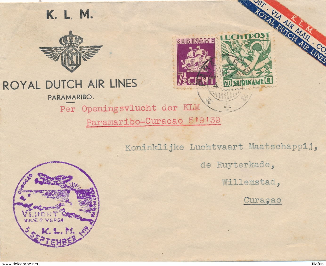 Suriname / Curacao - 1939 - 7,5 Cent Scheepje + 20 Cent Luchtpost Op KLM 1st Flight Van Paramaribo Naar Willemstad - Suriname ... - 1975