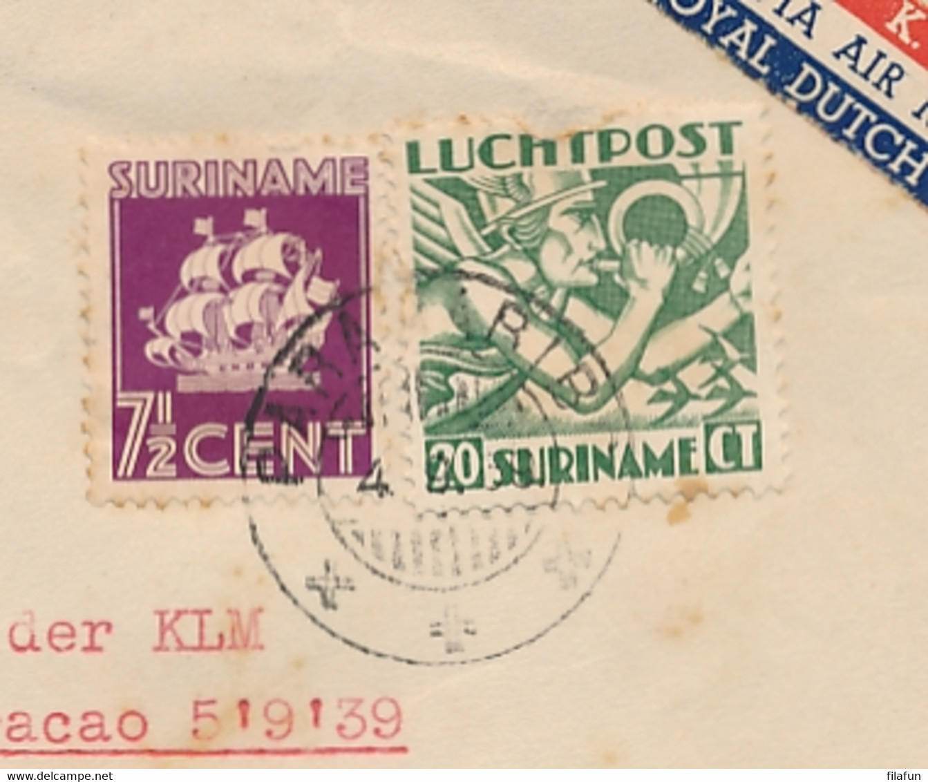 Suriname / Curacao - 1939 - 7,5 Cent Scheepje + 20 Cent Luchtpost Op KLM 1st Flight Van Paramaribo Naar Willemstad - Suriname ... - 1975