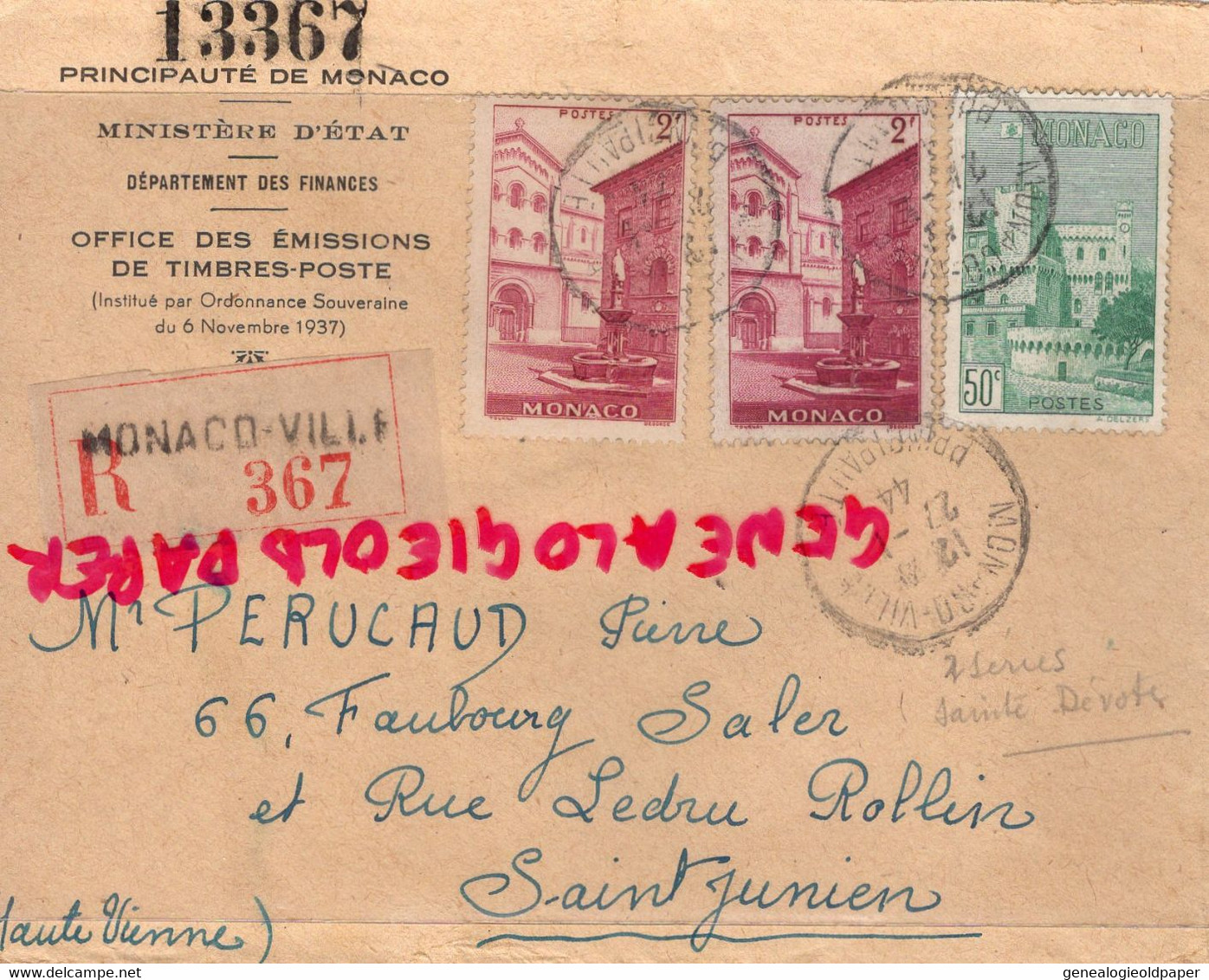 MONACO- MARCOPHILIE TIMBRES 2 F - 50 C- MINISTERE ETAT RECOMMANDE -1944-  PERUCAUD MEGISSERIE SAINT JUNIEN - Poststempel