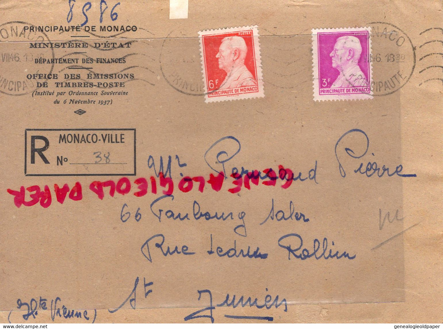 MONACO- MARCOPHILIE TIMBRES 6 F- 3F - MINISTERE ETAT RECOMMANDE -1946-  PERUCAUD MEGISSERIE SAINT JUNIEN - Marcofilia