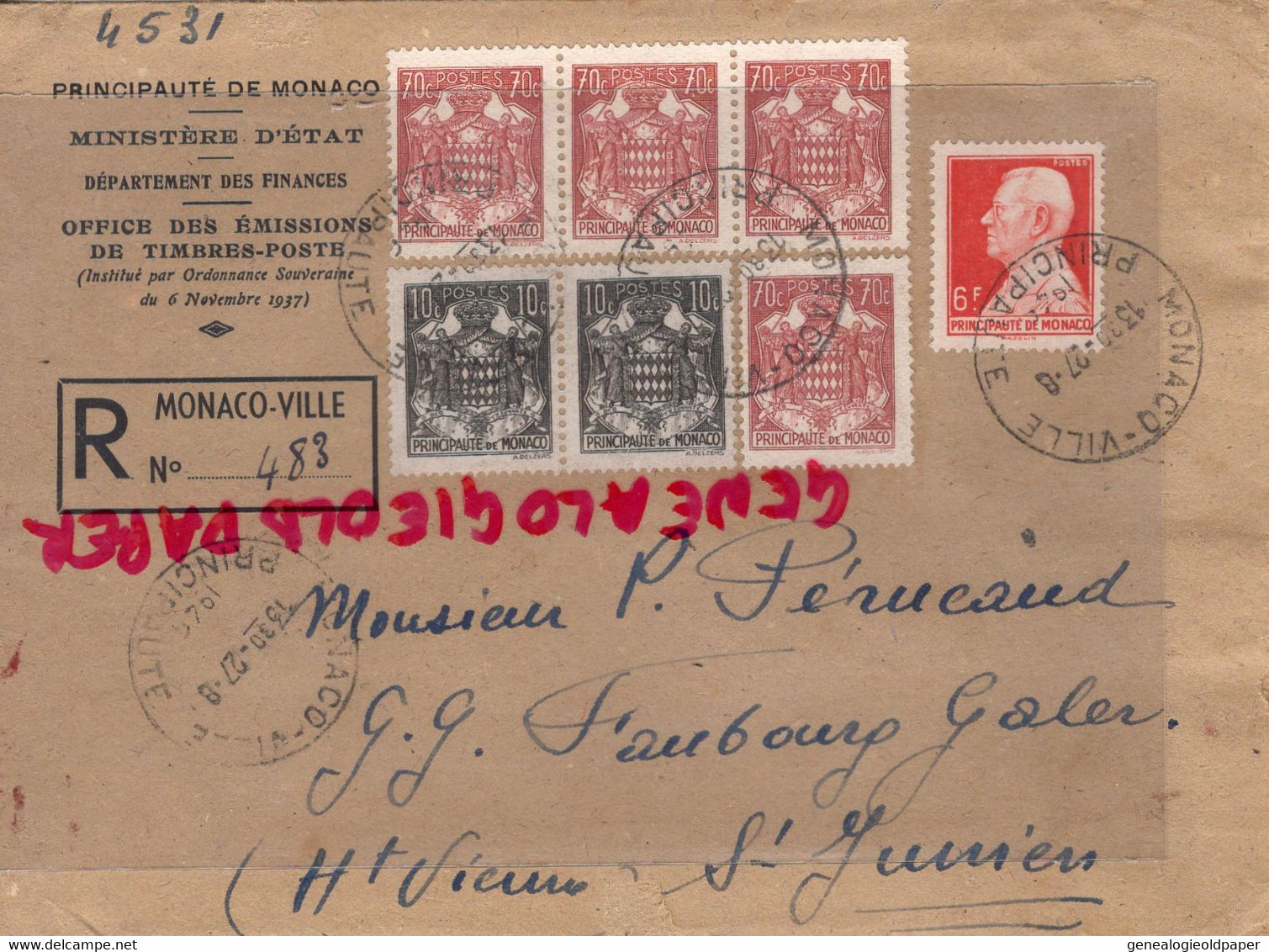 MONACO- MARCOPHILIE TIMBRES 6 F- 10 C-70 C - MINISTERE ETAT RECOMMANDE -1927-  PERUCAUD MEGISSERIE SAINT JUNIEN - Storia Postale