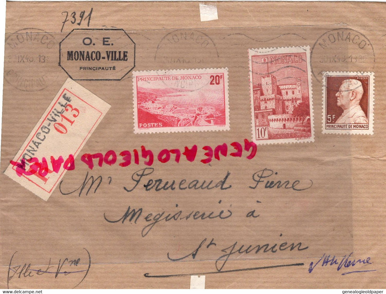 MONACO- MARCOPHILIE TIMBRES 20 F- 10 F- 5 F-  RECOMMANDE -19487-  PERUCAUD MEGISSERIE SAINT JUNIEN - Marcophilie