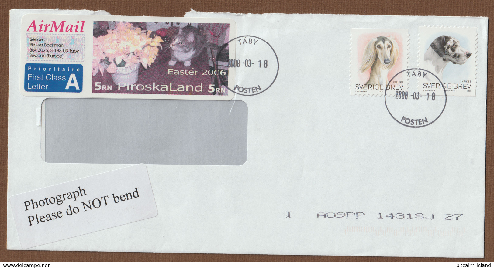 Piroskaland, Sverige Brav, Sweden Letter 2008-03-18 - Cartas & Documentos