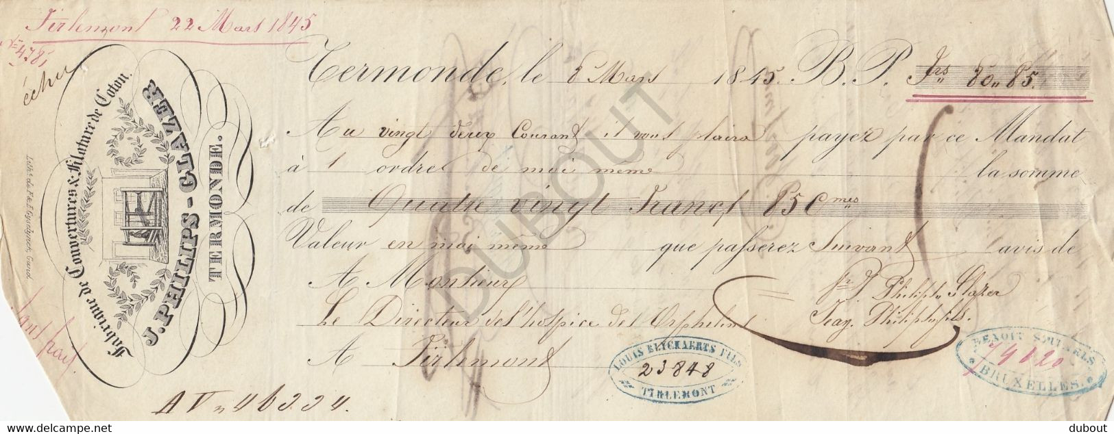 DENDERMONDE 1845 Reçu Van Firma J. Philips-Glazer Termonde - Met Stempels En Handtekeningen   (U406) - 1800 – 1899