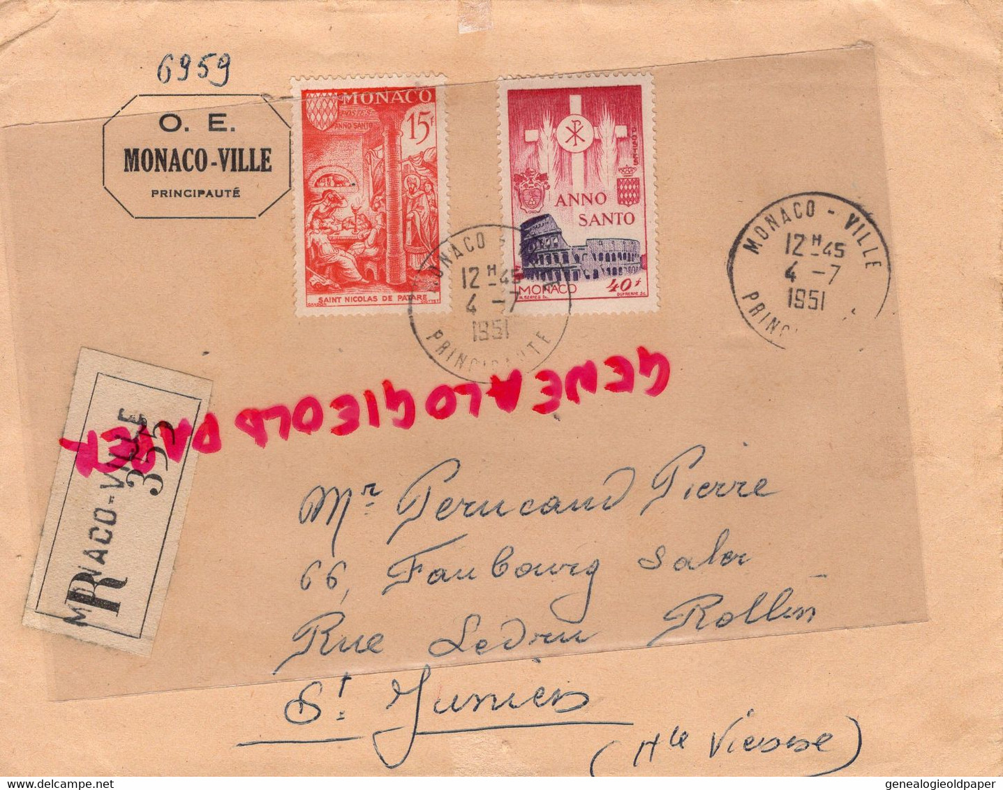 MONACO- MARCOPHILIE TIMBRES 15 F- ANNO SANTO 40 F-  RECOMMANDE -1951-  PERUCAUD MEGISSERIE SAINT JUNIEN - Postmarks