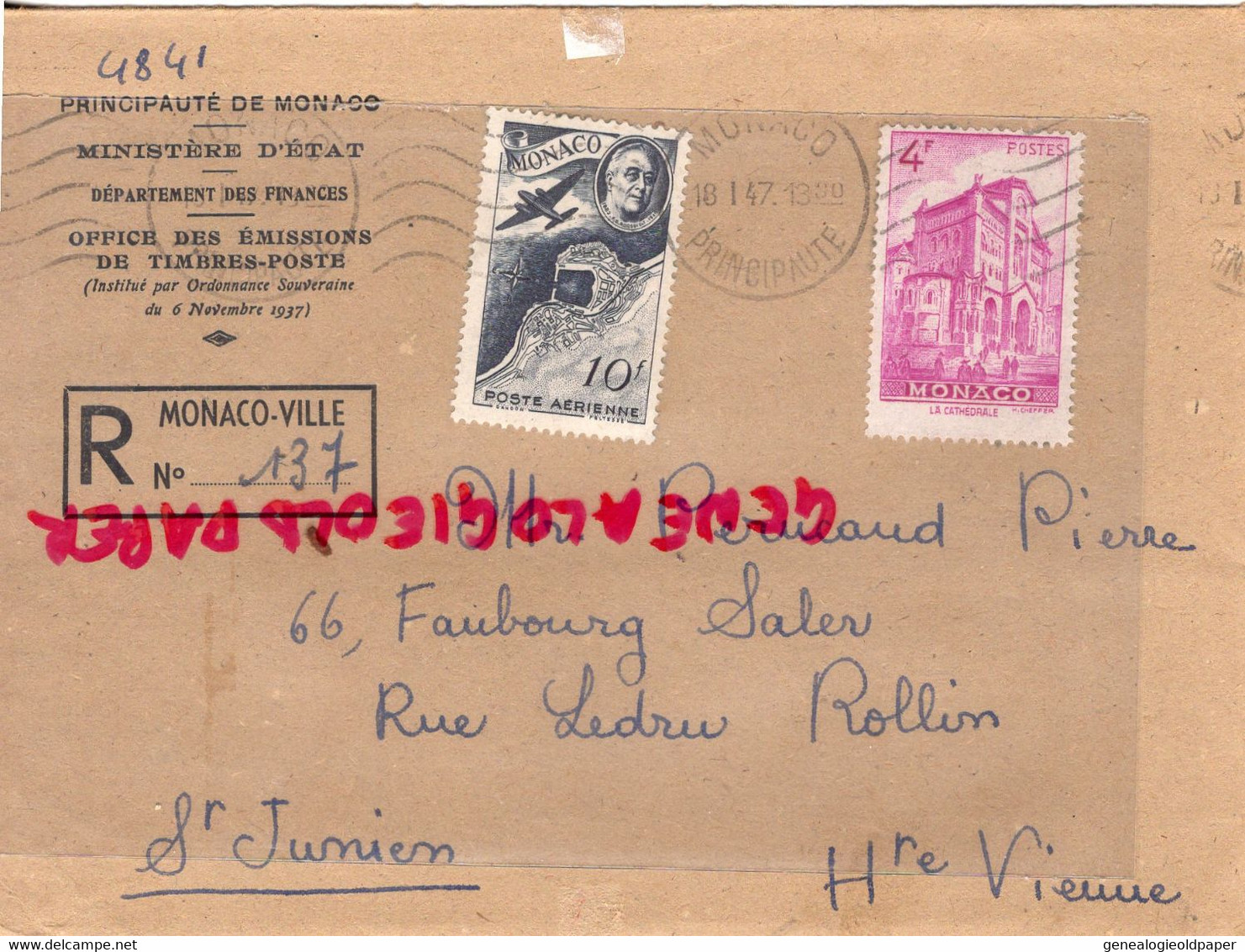 MONACO- MARCOPHILIE TIMBRE POSTE AERIENNE AVIATION 10 F-CATHEDRALE  4F-PERUCAUD MEGISSERIE SAINT JUNIEN RECOMMANDE1947 - Postmarks