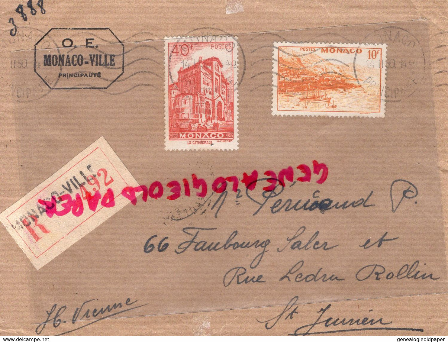 MONACO- MARCOPHILIE TIMBRE 40 F 10 F- -PERUCAUD MEGISSERIE SAINT JUNIEN RECOMMANDE1950 - Postmarks