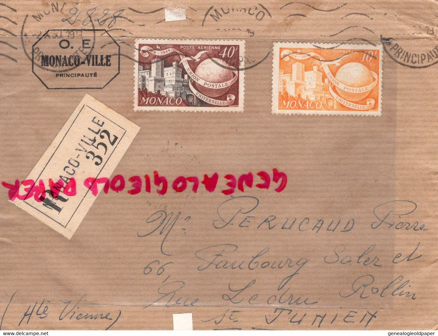 MONACO- MARCOPHILIE TIMBRE 40 F 10 F- -PERUCAUD MEGISSERIE SAINT JUNIEN RECOMMANDE1950 - Postmarks