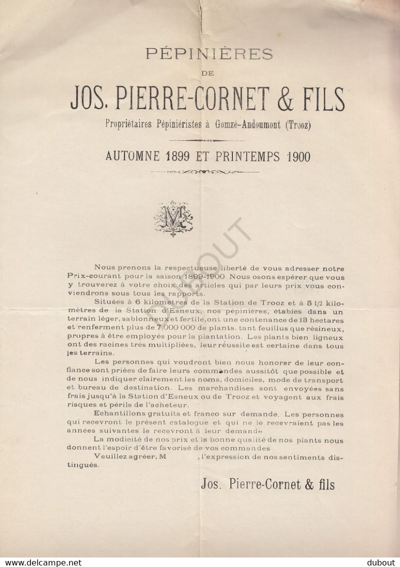 TROOZ/Gomzé-Andoumont Pépinières Jos. Pierre Cornet & Fils - Prix-Courant 1899-1900 (U410) - 1800 – 1899