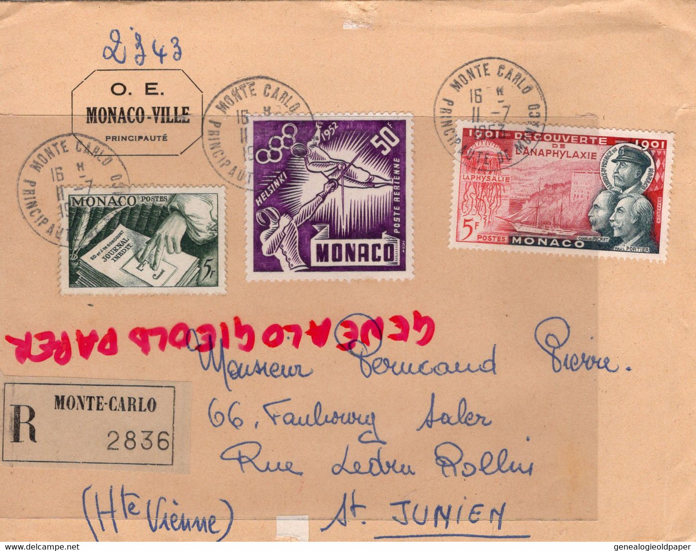 MONACO- MARCOPHILIE TIMBRE 15 F- 50 F-5F - -PERUCAUD MEGISSERIE SAINT JUNIEN RECOMMANDE 1953 - Poststempel