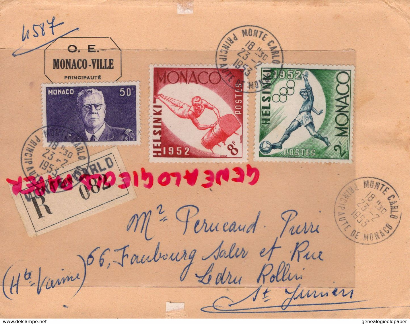 MONACO- MARCOPHILIE TIMBRE 8 F- 50 F-2 F - -PERUCAUD MEGISSERIE SAINT JUNIEN RECOMMANDE 1953 - Postmarks