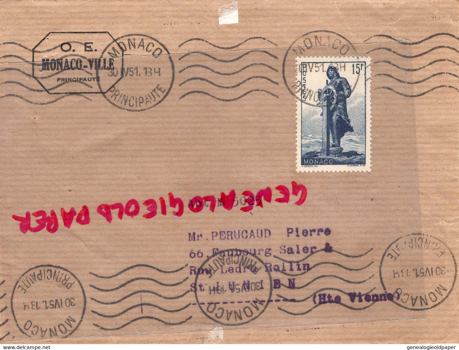 MONACO- MARCOPHILIE TIMBRE 15 F - -PERUCAUD MEGISSERIE ST SAINT JUNIEN RECOMMANDE 1951 - Postmarks
