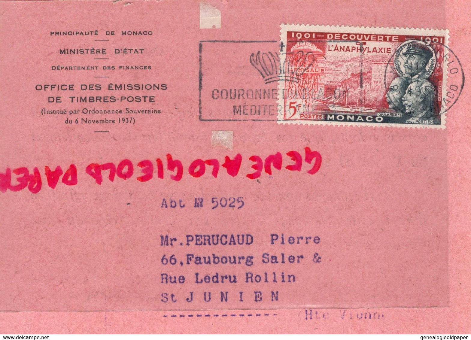 MONACO-MARCOPHILIE TIMBRE 5 F- ANAPHYLAXIE -PERUCAUD MEGISSERIE ST SAINT JUNIEN RECOMMANDE 1954 - Marcophilie