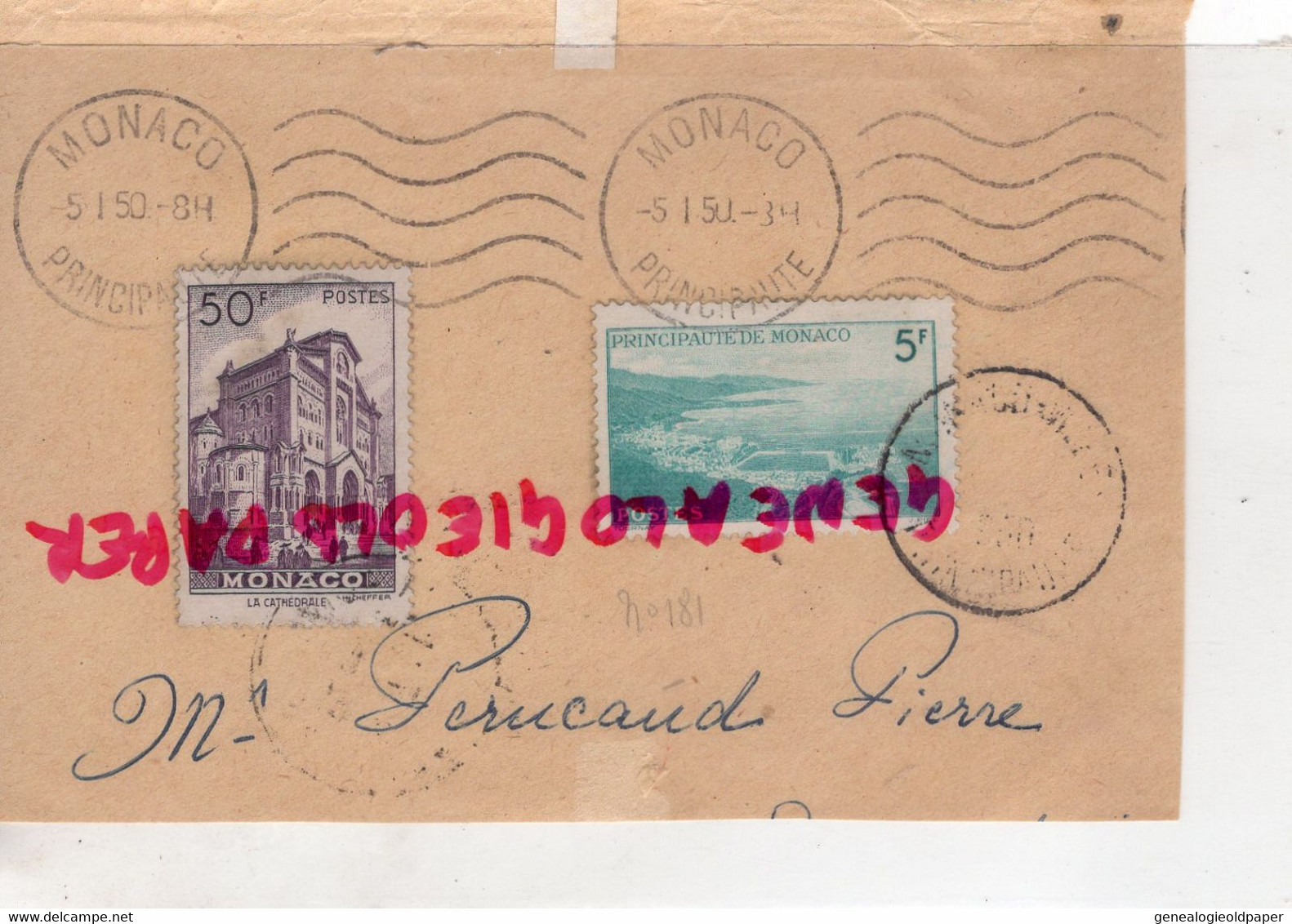 MONACO-MARCOPHILIE TIMBRE 50 F- 5F  -PERUCAUD MEGISSERIE SAINT JUNIEN RECOMMANDE 1950 - Postmarks