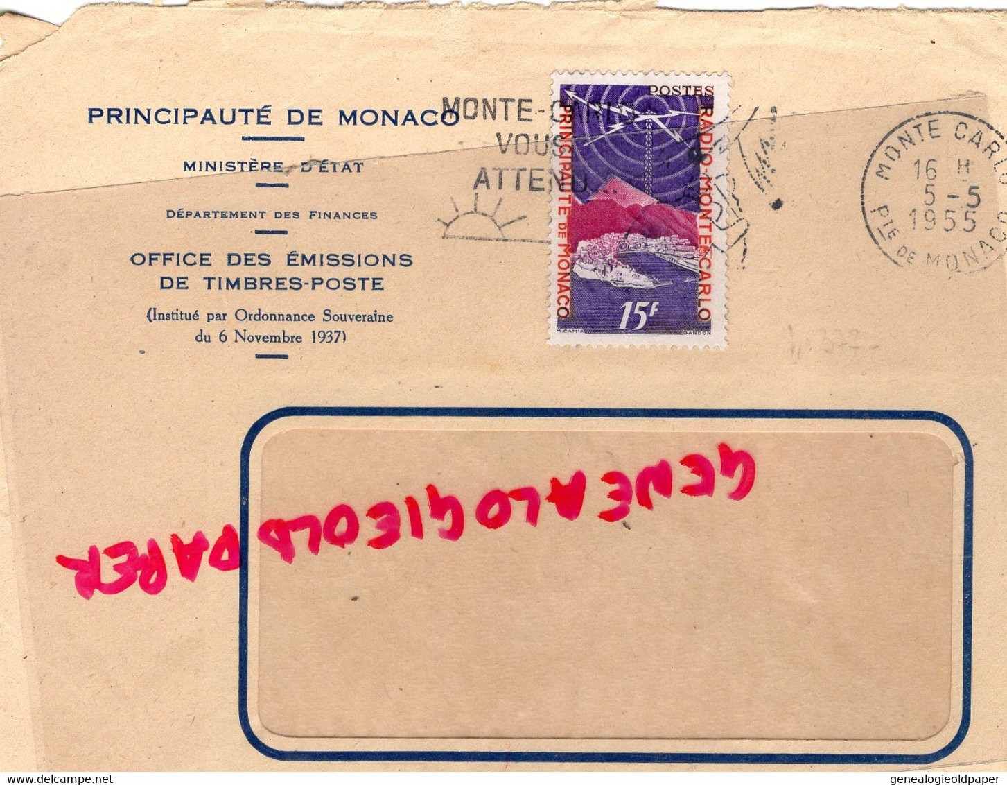 MONACO-MARCOPHILIE TIMBRE 15 F-   - 1955 - Poststempel