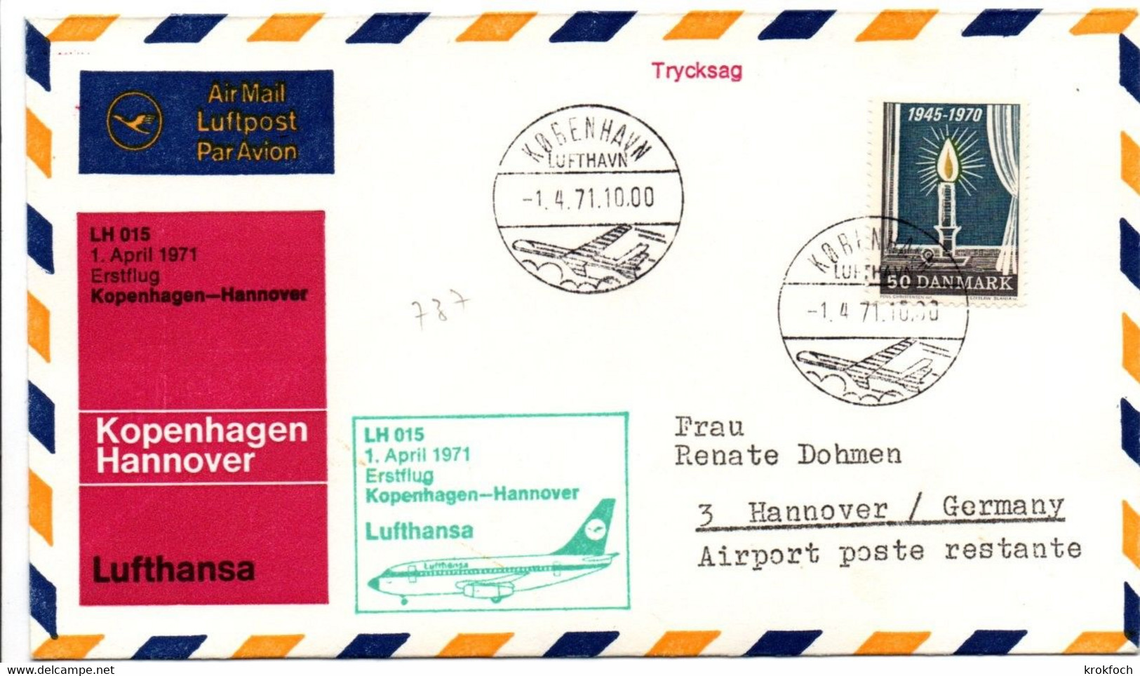 Kobenhavn Hannover 1971 - Lufthansa - Erstflug 1er Vol Inaugural Flight - Kopenhagen DK - Franking Machines (EMA)