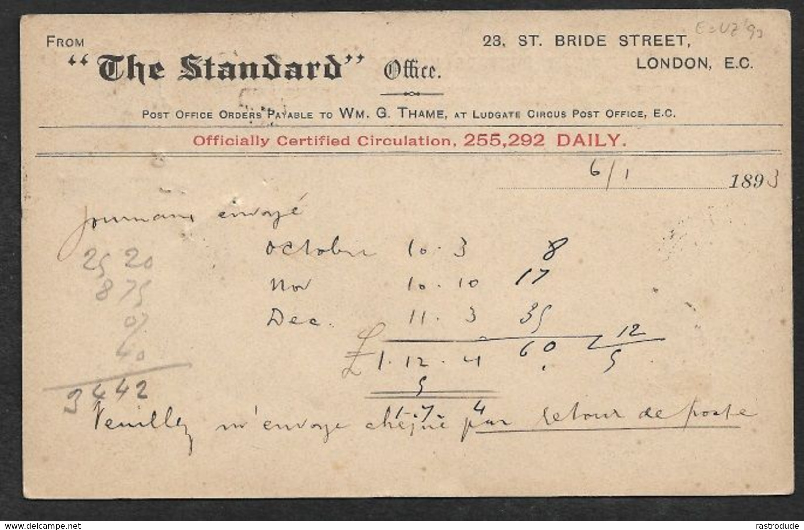 1893 Jan 6 GB 1d Printed To Order PSC - LONDON, LUDGATE CIRCUS To CALAIS, FRANCE - INSTRUCTIONAL PM "TOO LATE F.B.O.P.O" - Marcophilie