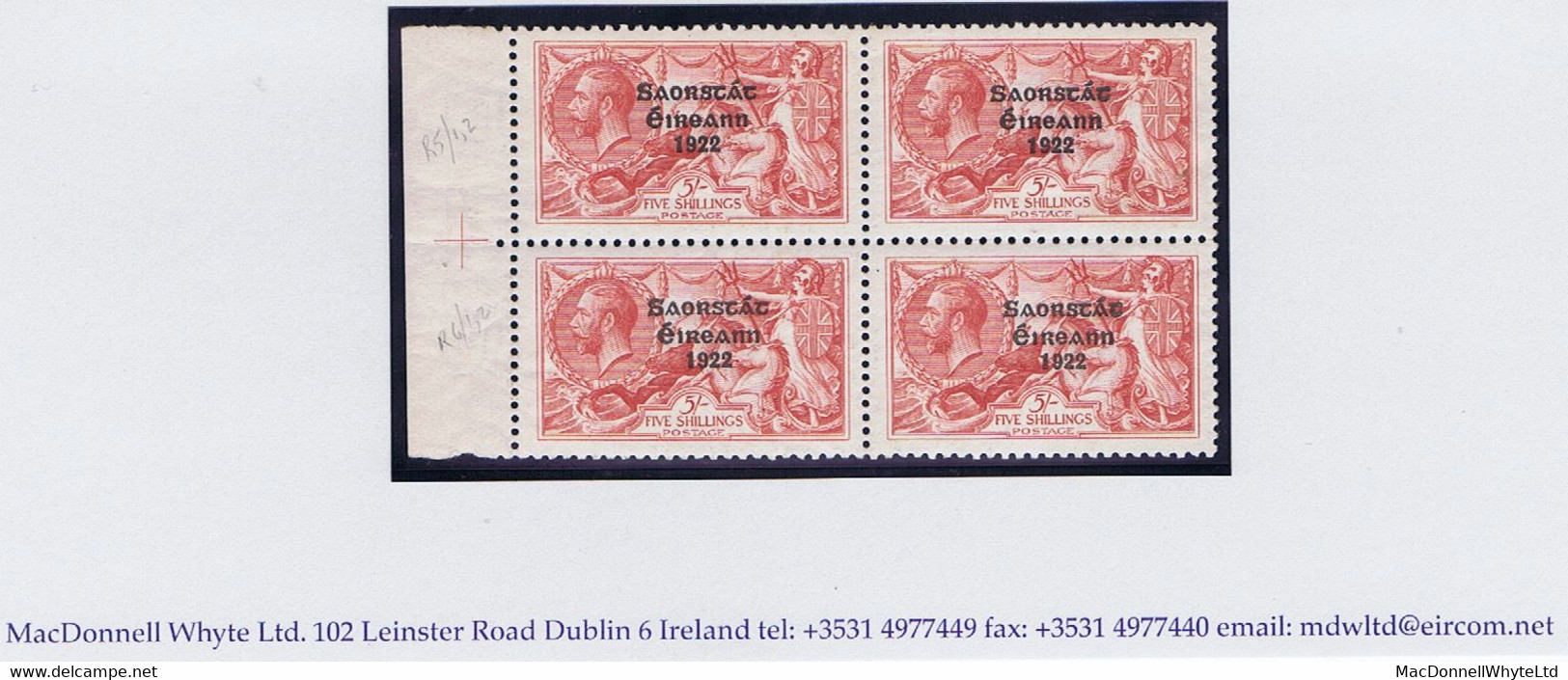Ireland 1925 Narrow Date Saorstat Ovpt On Seahorse 5s Rose-red Marginal Block Of 4 With Guide Cross Fresh Mint - Unused Stamps