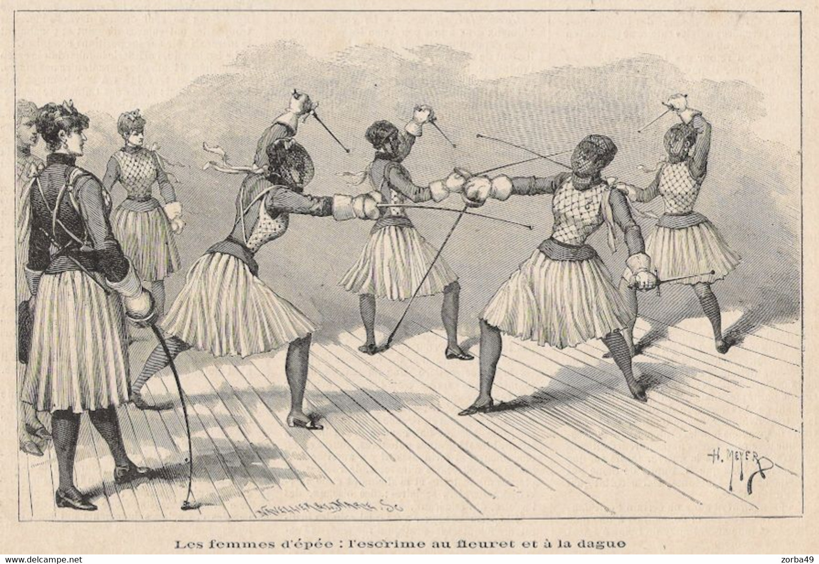 ESCRIME Femmes D'épée  Escrime Au Fleuret Et à La Dague Dessin De Henri Meyer 1885 - Fencing