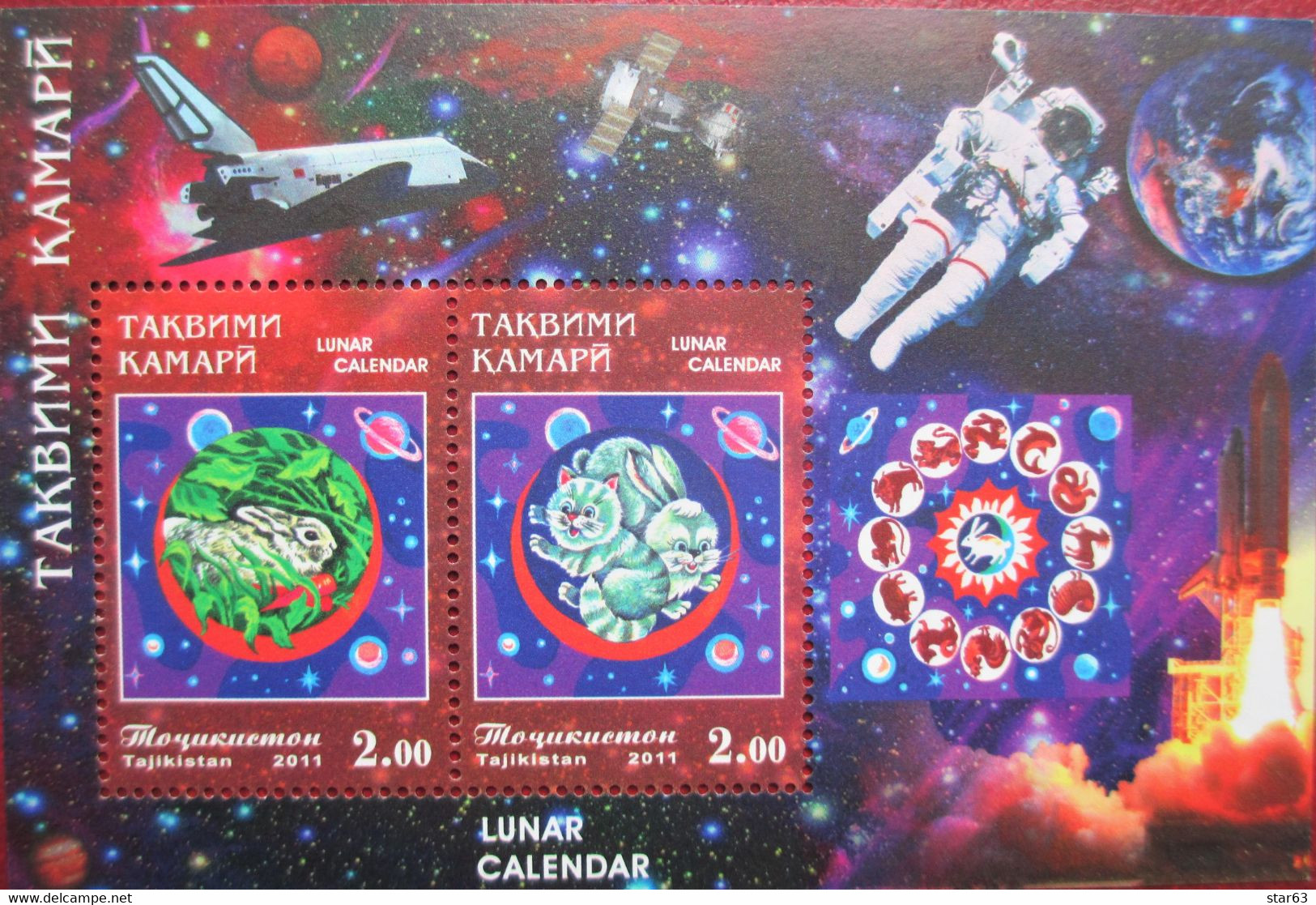 Tajikistan  2011  Lunar Calendar, Year Of The Rabbit   Space   Perforated  S/S   MNH - Chinese New Year