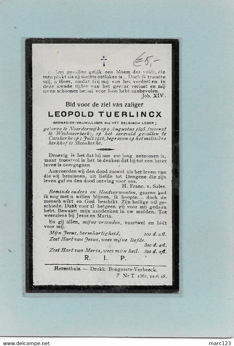 14- LEOPOLD TUERLINCK-NOORDERWIJK-WESTMEERBEEK-CAESKERKE-STEENKERKE-HERENTALS-OORLOG 1914-18-GESNEUVELDE- SOLDAAT - Imágenes Religiosas