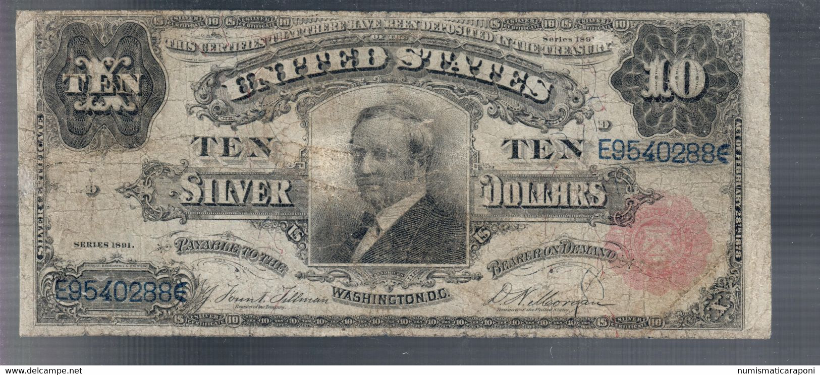 USA 1891 10 Dollars $ Thomas A. Hendricks Pick#324 RARE Pressato Lieve Restauro Fine Lotto.3017 - Silver Certificates - Títulos Plata (1878-1923)