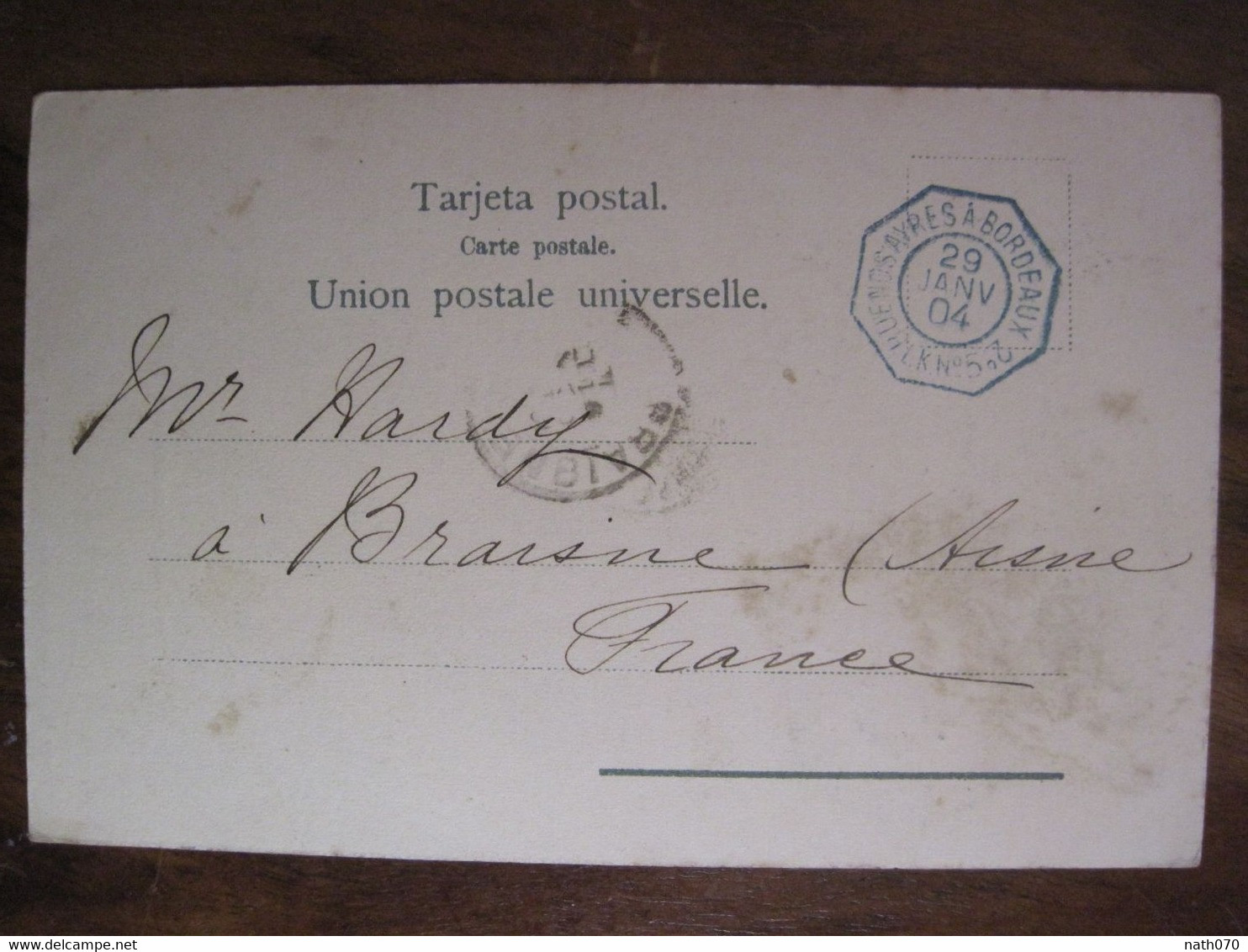 Argentine CPA 1904 Cachet Maritime Ligne K N°5 Paquebot Buenos Aires à Bordeaux 2 LK Cachet Bleu Argentina Braisne - Lettres & Documents