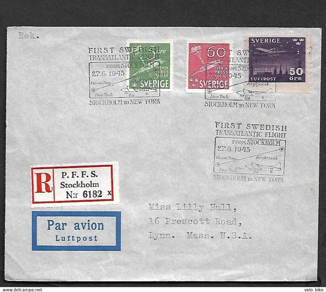 Sweden 1945 Recomended FFC Stockholm New York Transatlantic Flight Reykjavik Par Avion - Otros & Sin Clasificación