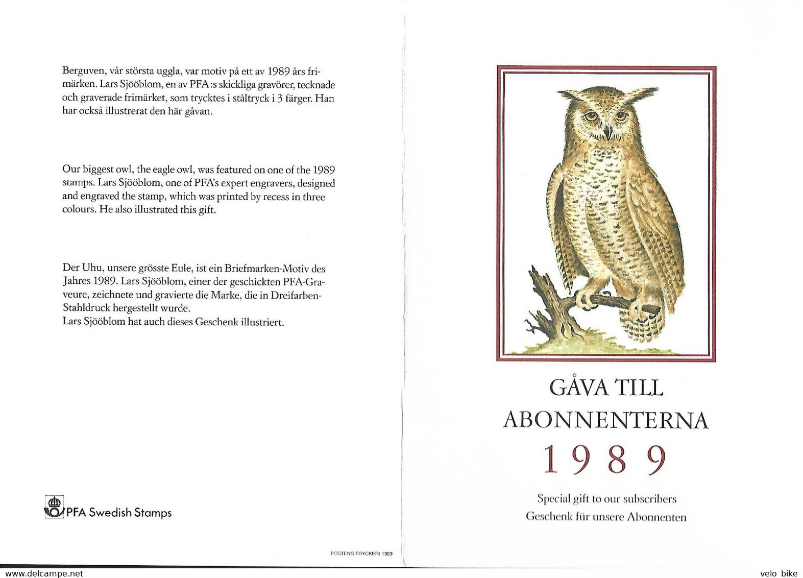 Sweden 1989 Folder Eagle Owl - Altri & Non Classificati