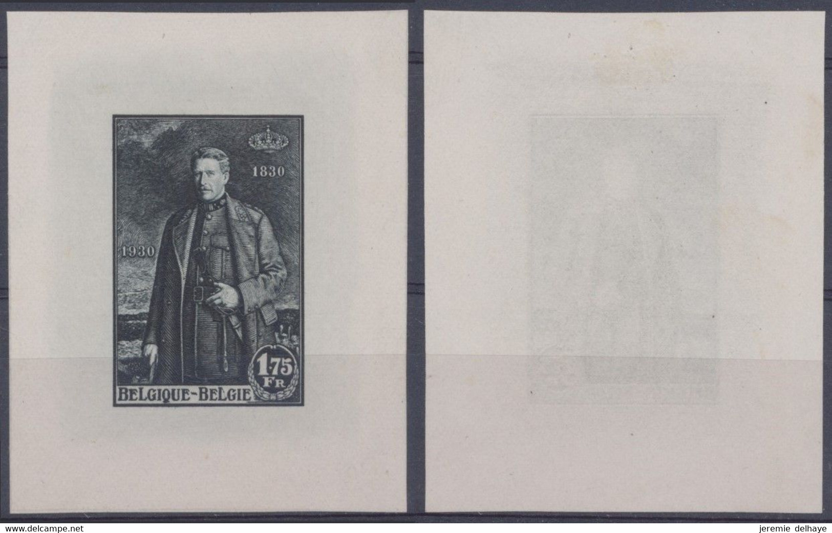 Essai - Roi Albert Ier (1930) 1F75 épreuve Du Coin En Noir, Petit Feuillet (5 X 6cm) / Centenaire De L'indépendance. - Proofs & Reprints