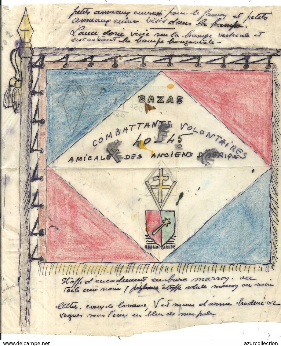 BAZAS .COMBATTANTS VOLONTAIRES 40/45 . ANCIENS D'AFRIQUE . CALQUE ORIGINAL PREPARATOIRE - Flags