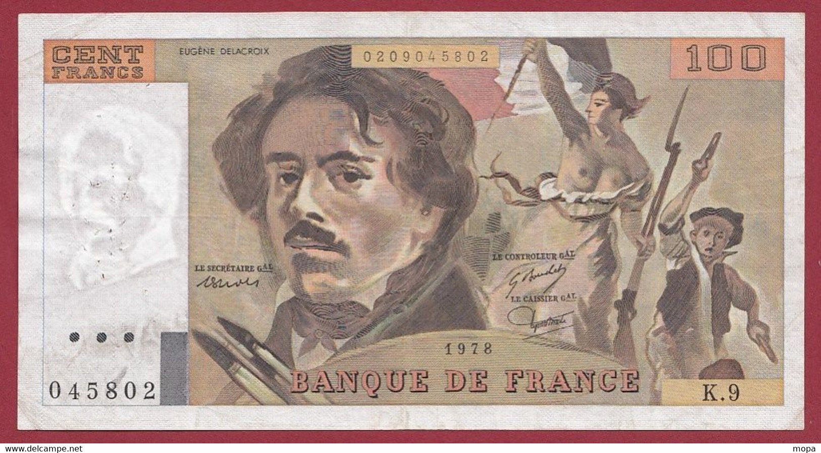 100 Francs "Delacroix" 1978----ALPH. K.9-- DANS L 'ETAT - 100 F 1978-1995 ''Delacroix''