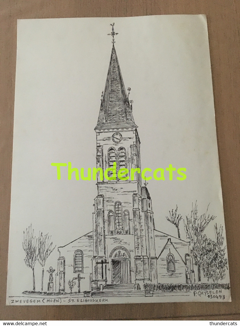 ORIGINELE GROTE TEKENING DOOR PAUL GHYSELEN GHIJSELEN 1993 ZWEVEGEM MOEN ST ELIGIUSKERK - Dessins